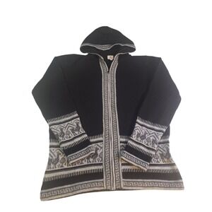 Alpaca Warehouse‎ Full Zip Hooded Sweater Womens L Black White Cable Knit Ethnic